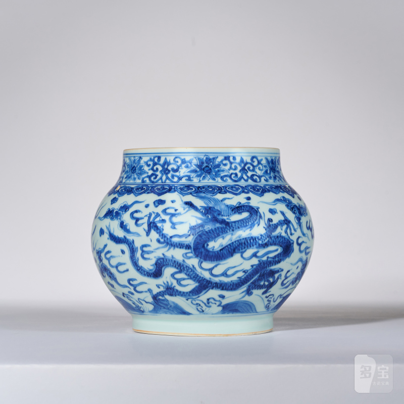 明崇祯 青花海水龙纹粥罐 - 图3